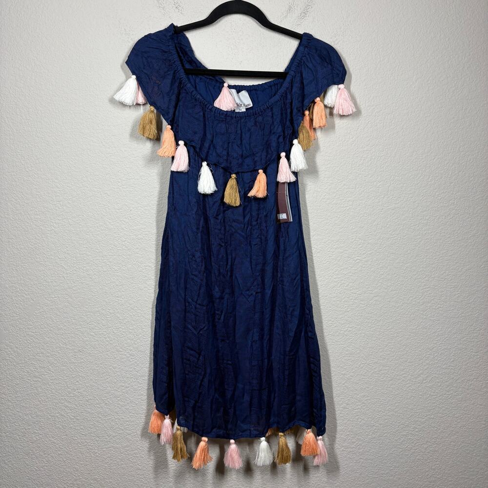 Chloe Oliver XS Palm Beach Tassel Off The Shoulder Summer Boho Dress Navy Rayon - Picture 2 of 9